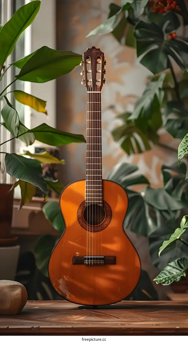 Acoustic Guitar on Table with Plants
