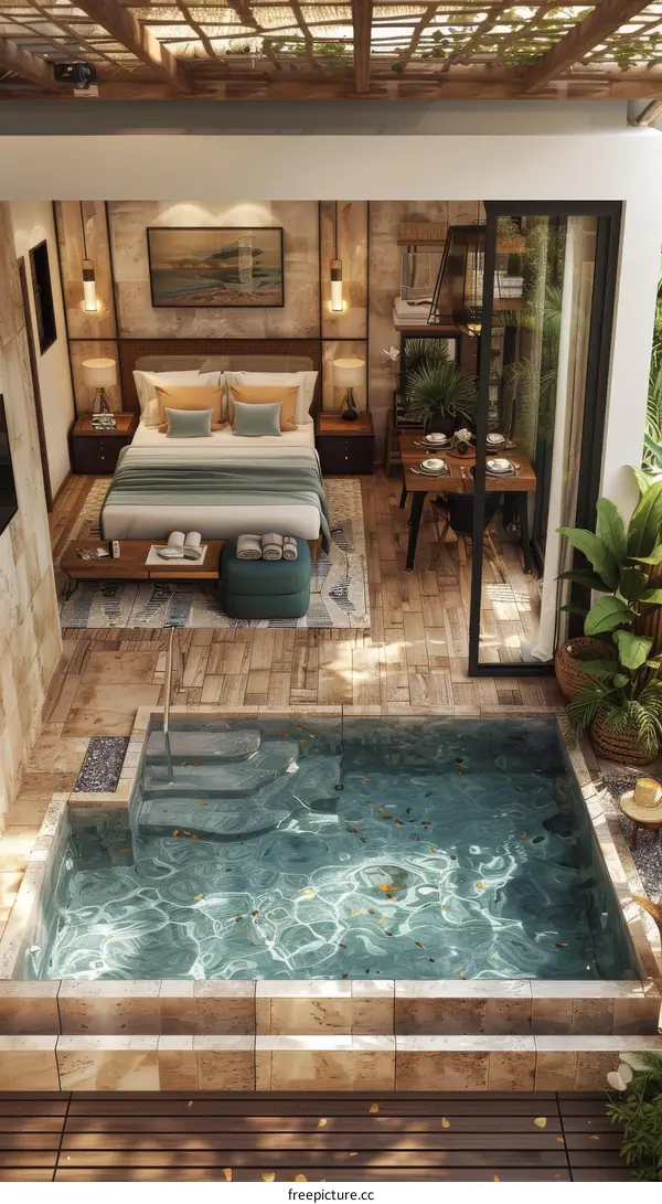 Luxury hotel room with private pool and outdoor dining area