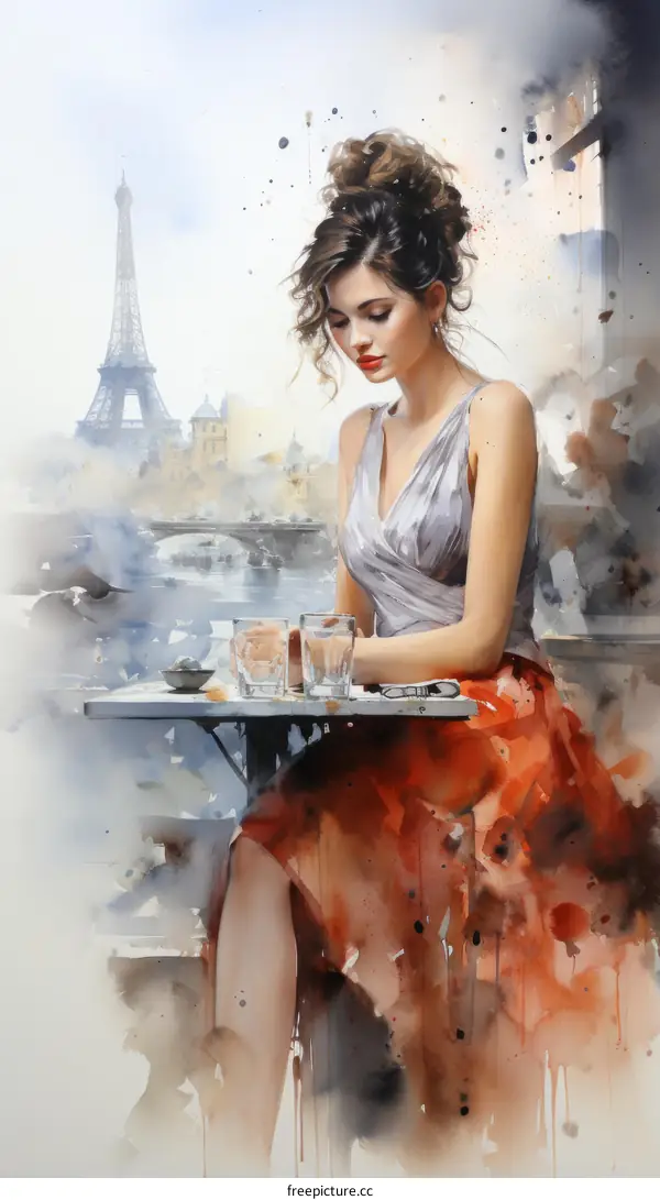Elegant Lady Enjoys Parisian Cityscape from a Quaint Cafe