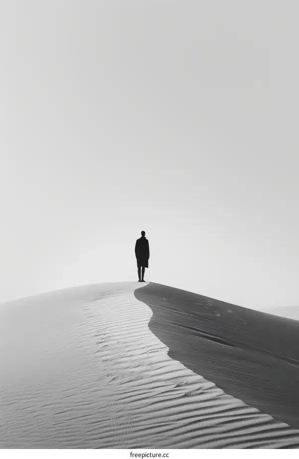 Black and white photo of a lone person walking on a sand dune