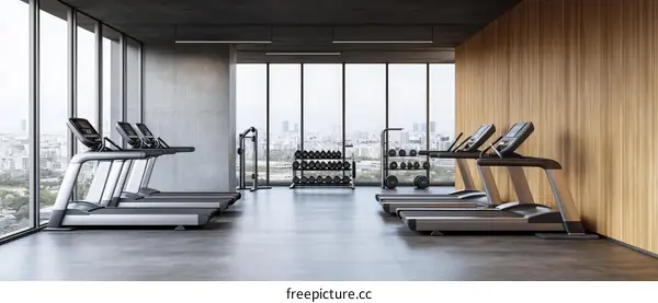 Modern Fitness Center Interior with City View