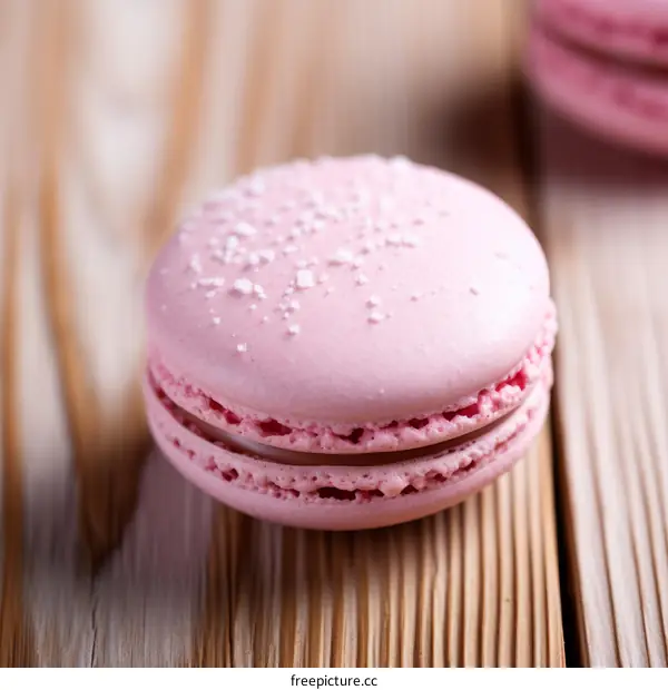 Pink macaron on wooden table