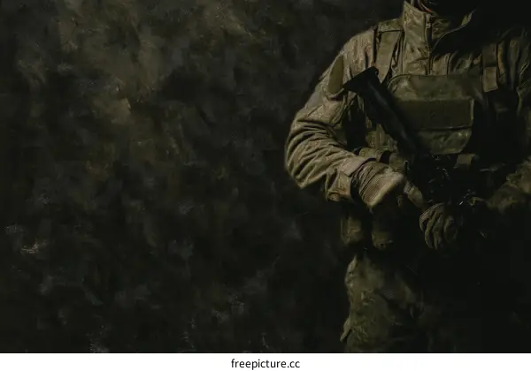 Military Soldier Holding Weapon Close-up in Dark Setting