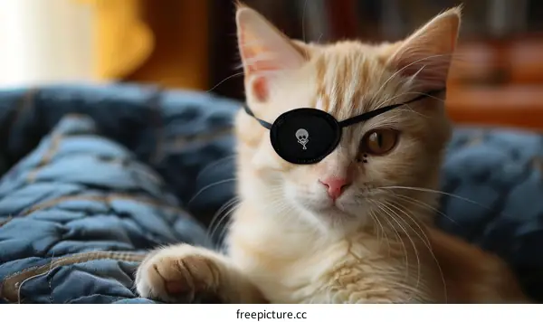 A ginger cat wearing an eye patch with a skull and crossbones on it