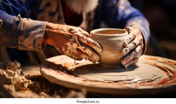 A potter shapes a clay pot on a potter's wheel.