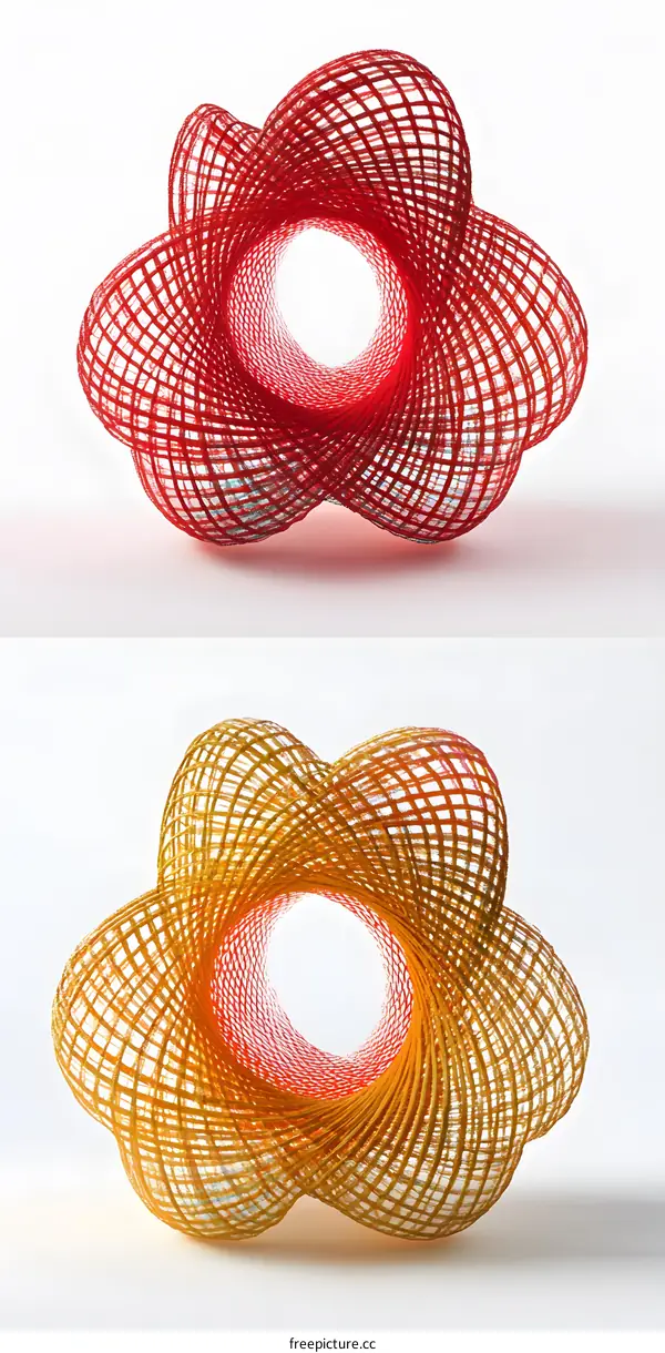 Abstract 3D Wire Mesh Sculpture with Red and Yellow Colors
