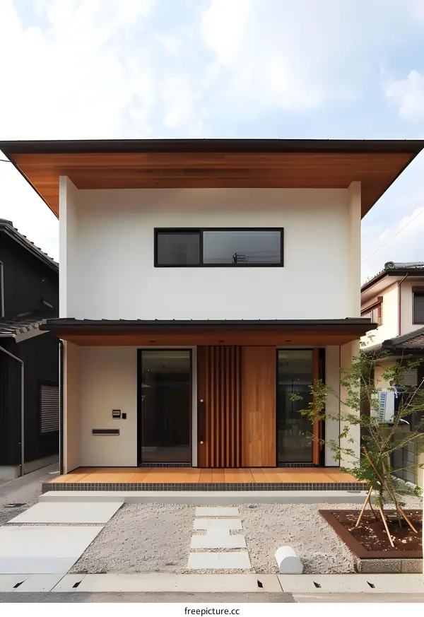 Modern Japanese House with Wooden Roof and Entrance