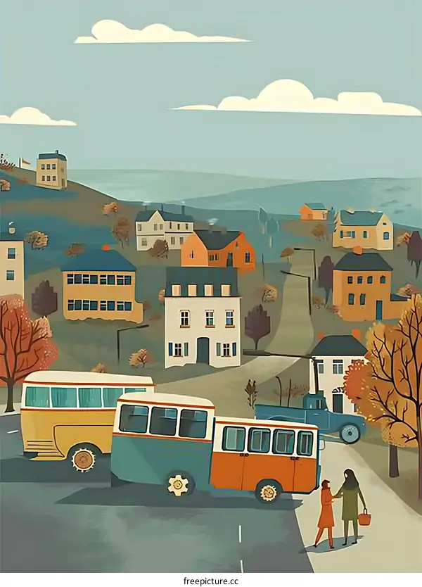 Autumn Landscape with Buses and Two Women