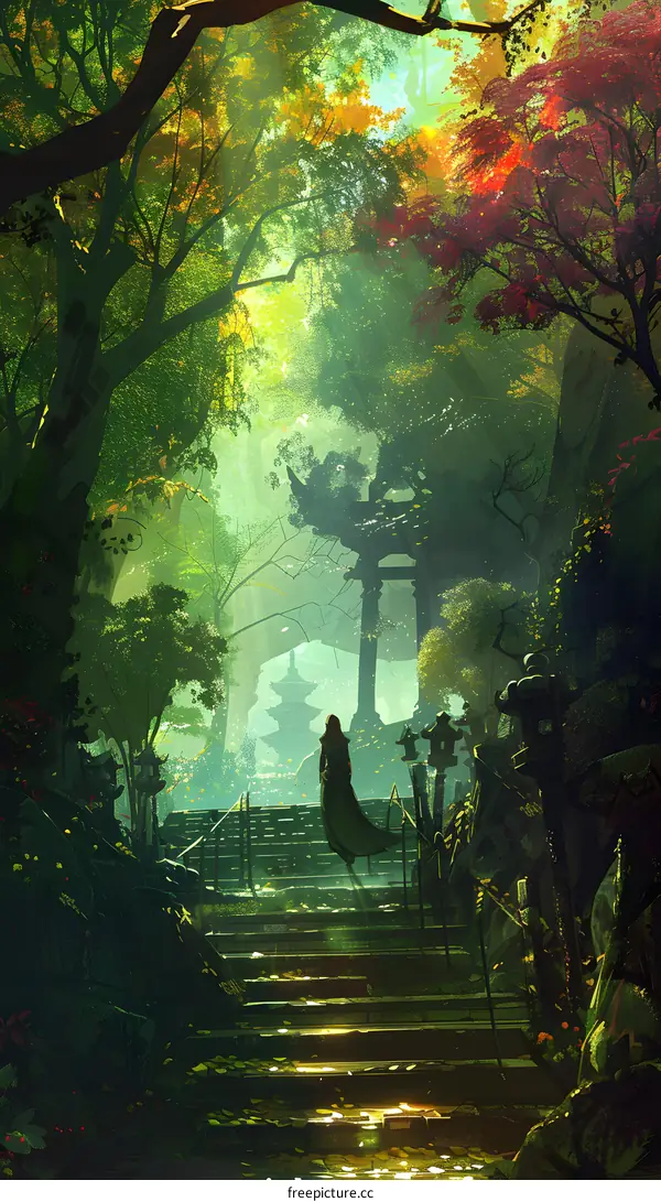 Woman Walking Through a Green Forest with a Pagoda in the Background