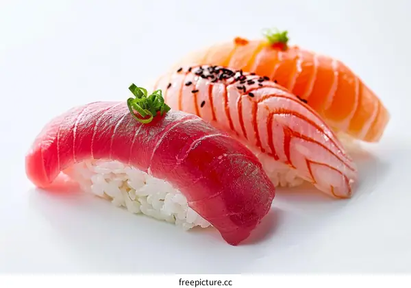 Three pieces of sushi on a white background