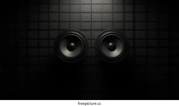 Two Black Speakers on a Dark Grid Pattern