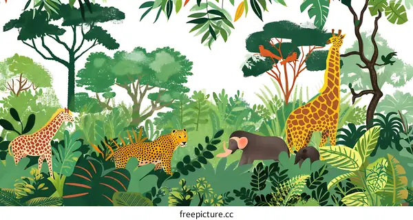 Jungle Animals Illustration With Giraffe Leopard Elephant and Bird