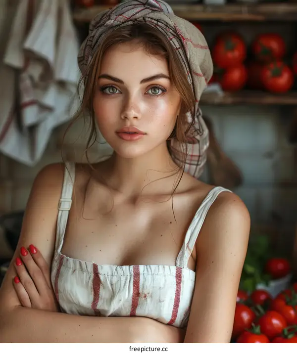 Young Woman in a Kitchen Preparing Tomatoes
