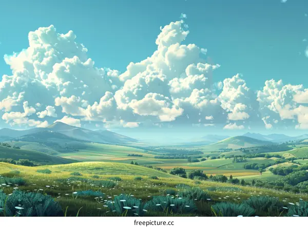 Tranquil Countryside Landscape with Rolling Meadows and Clouds