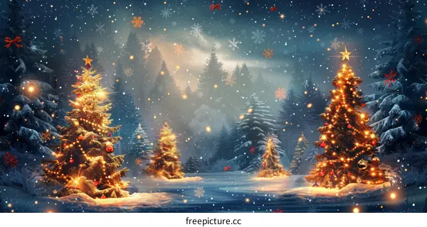 Christmas trees in a snowy forest