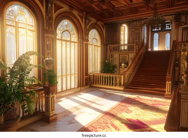 Sunbeams Shining Through the Windows of an Ornate Hallway with a Staircase