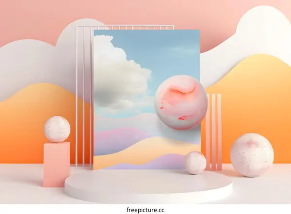 Abstract 3D Illustration of a Pink and White Sphere with a Blue Sky Background