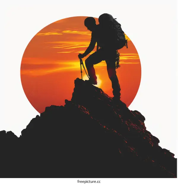 A lone hiker stands on a mountaintop and gazes at the setting sun