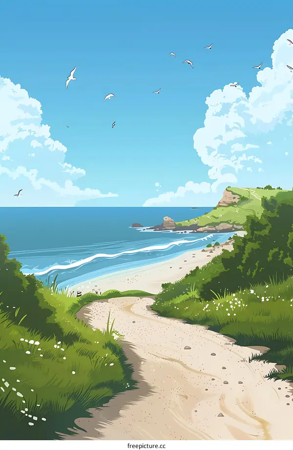 Summer Coastal Path with Blue Sky and Seagulls
