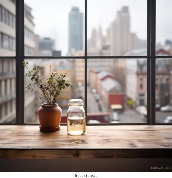 Small potted plant and jar by window with view of city skyline