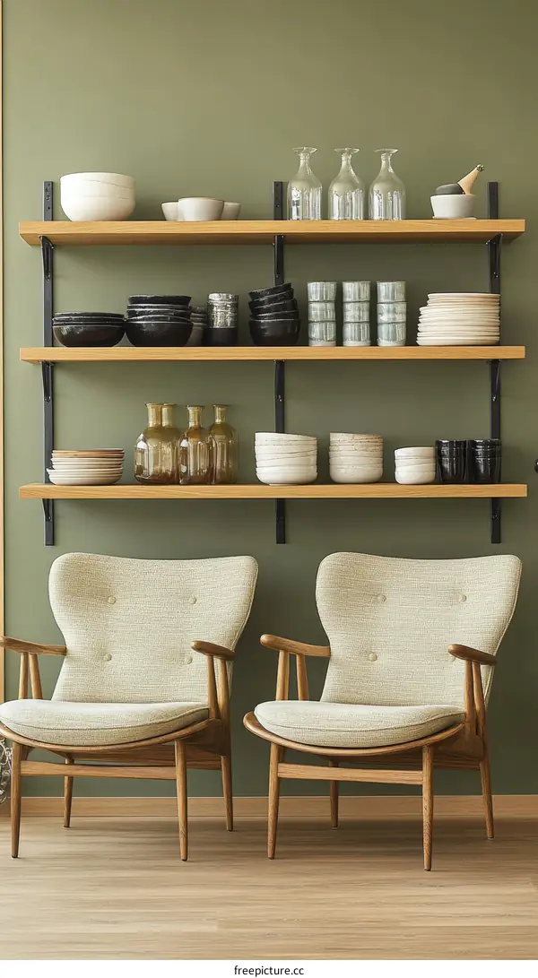 Modern Wooden Shelving Unit with Chairs