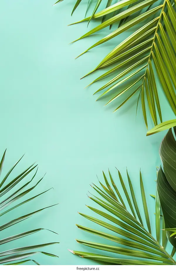 Tropical Palm Leaves on Teal Background