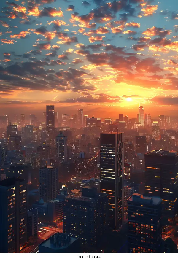 A cityscape of a futuristic city with skyscrapers and a beautiful sunset