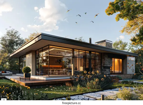 Modern House with Large Glass Windows and Stone Walls