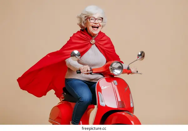 Senior Woman Riding a Red Scooter with Superhero Cape