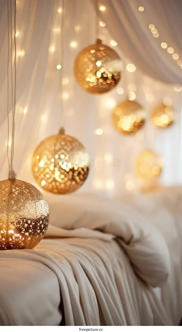 Orbs hanging from a canopy above a bed