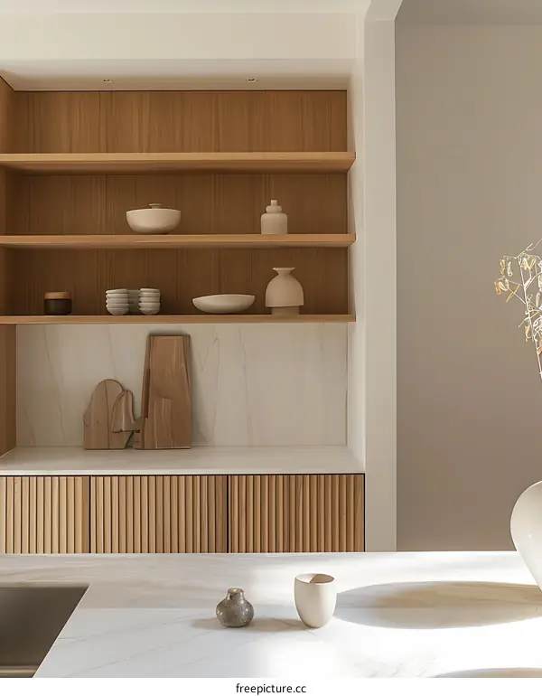 Minimalist Kitchen Interior Design with Wooden Shelves and White Marble Countertop