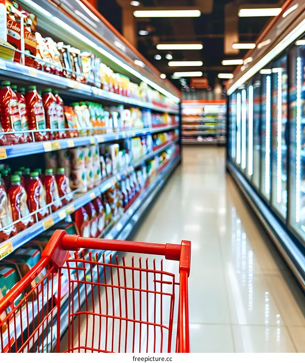 Empty Supermarket Aisle With Shopping Cart