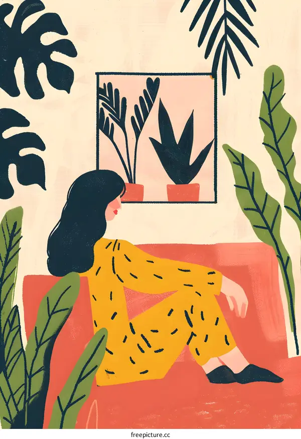 Woman Sitting On Couch With Plants Illustration