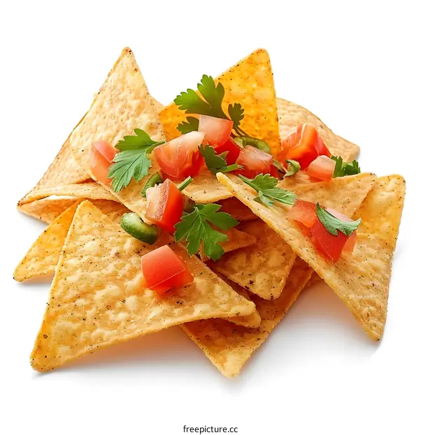 Nachos chips pile with tomato and parsley