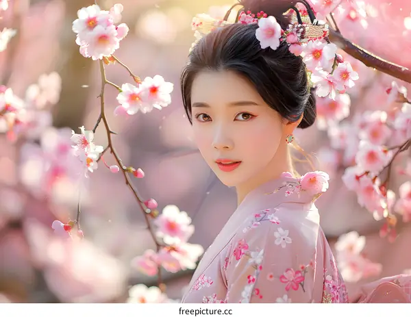 Young Woman in Kimono Amongst Cherry Blossoms