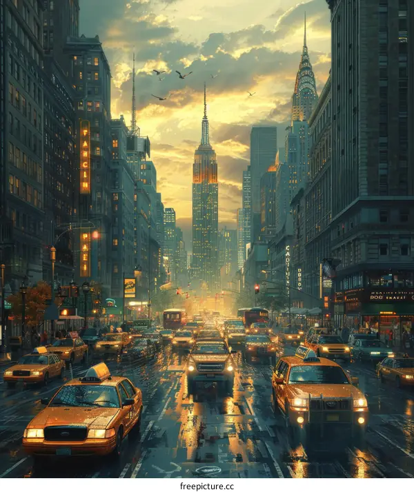 Rainy Cityscape at Dusk with Urban Traffic