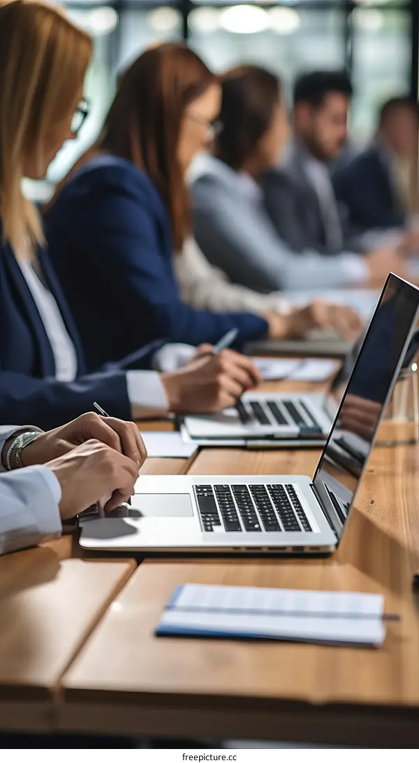 Business professionals working on laptop computers in a modern office space