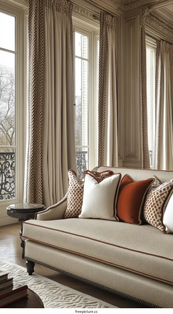 Elegant Beige Living Room Sofa with Patterned Curtains and Pillows