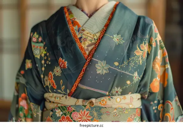 Elegant Japanese Geisha in Traditional Kimono with Floral Motifs