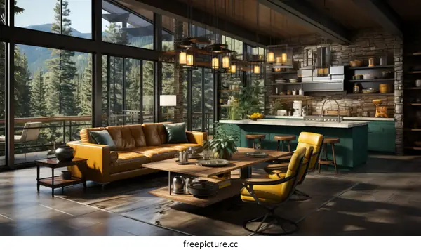 Luxurious and Contemporary Mountain Home Interior Living Room Kitchen Dining Room