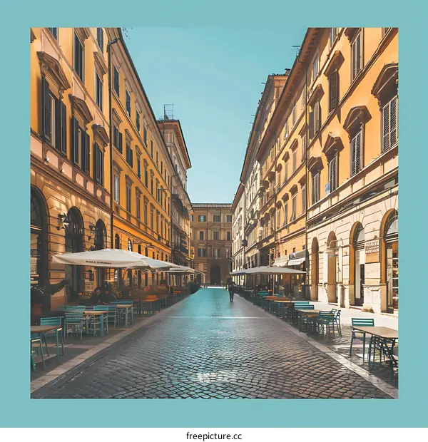 Cobblestone Street with Outdoor Cafe Tables and Umbrellas in Rome