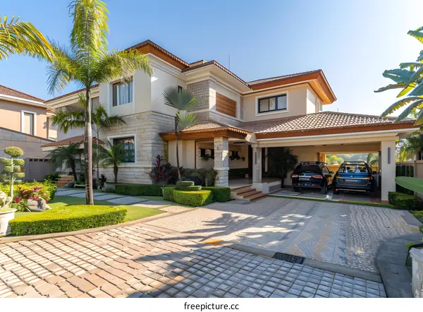 Modern Luxury Home with Palm Trees and Stone Facade