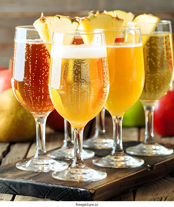 Four Glasses of Sparkling Apple Cider With Pineapple Garnish