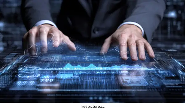 Businessman interacting with a futuristic holographic display