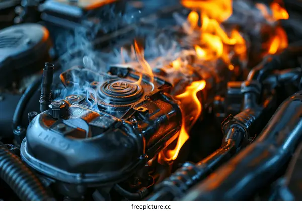 Car engine on fire with flames and smoke