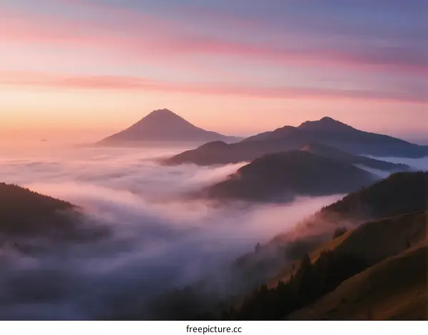Dawn Over Mountain Peaks with Flowing Clouds in Valley