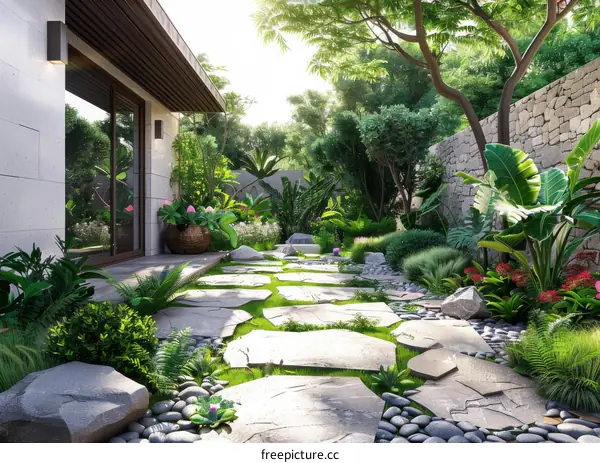 Tropical Garden Design Illustration with Stone Pathway