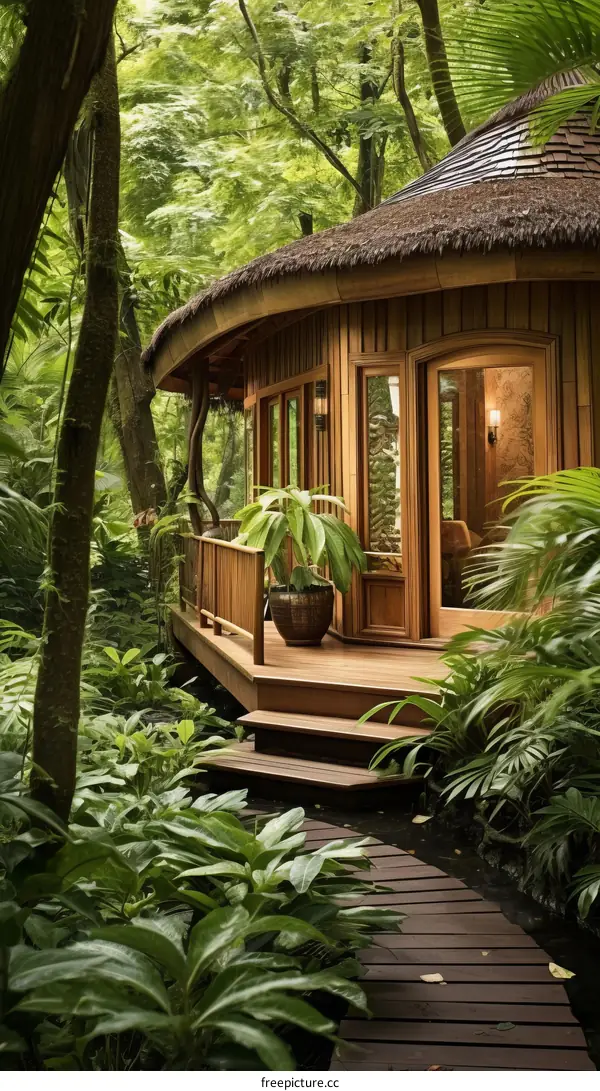 Wooden house surrounded by lush green plants in the jungle