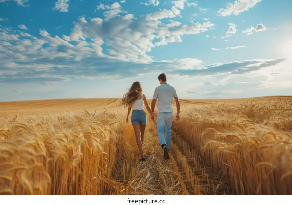 A couple is walking through a wheat field
