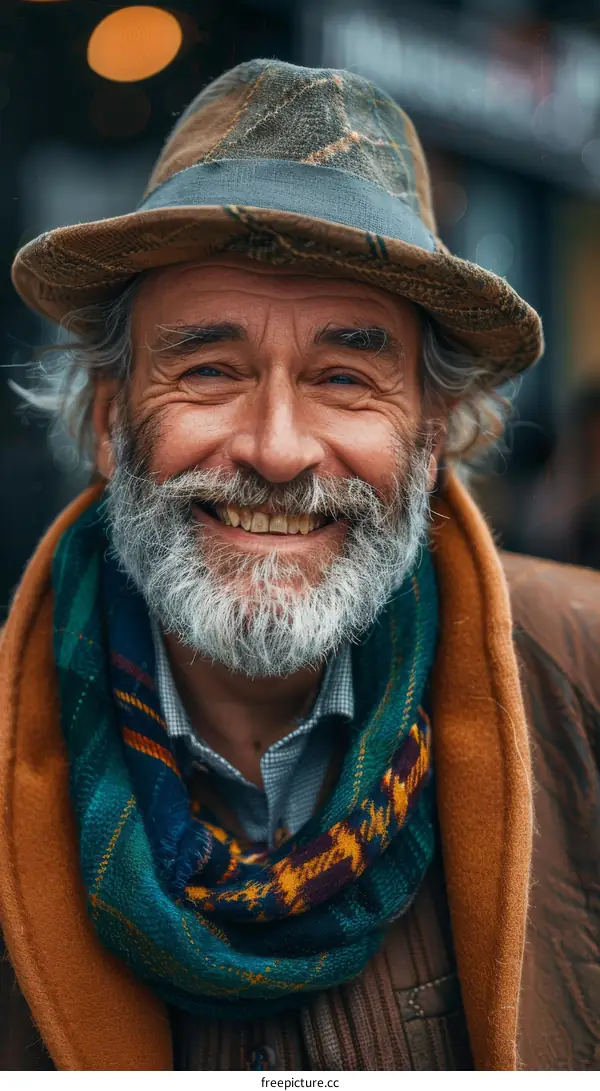 Smiling Senior Man in Plaid Scarf and Hat